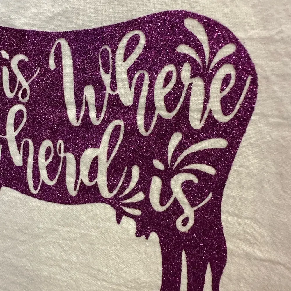 Handmade Custom Flower Sack Towel HTV Purple Cow Home is Where the Herd Is